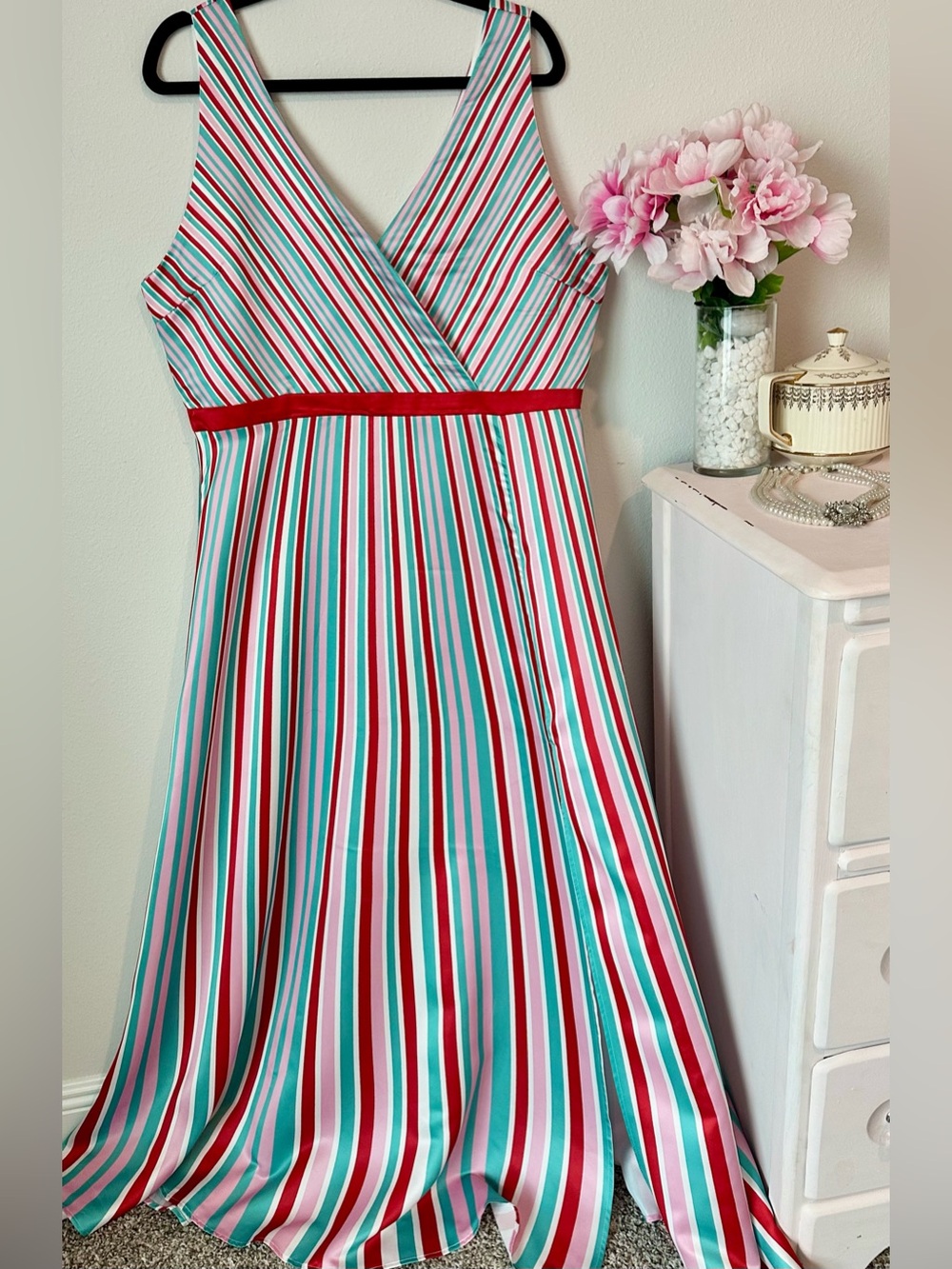 Striped V-Neck Maxi Dress in Red, Teal & White
